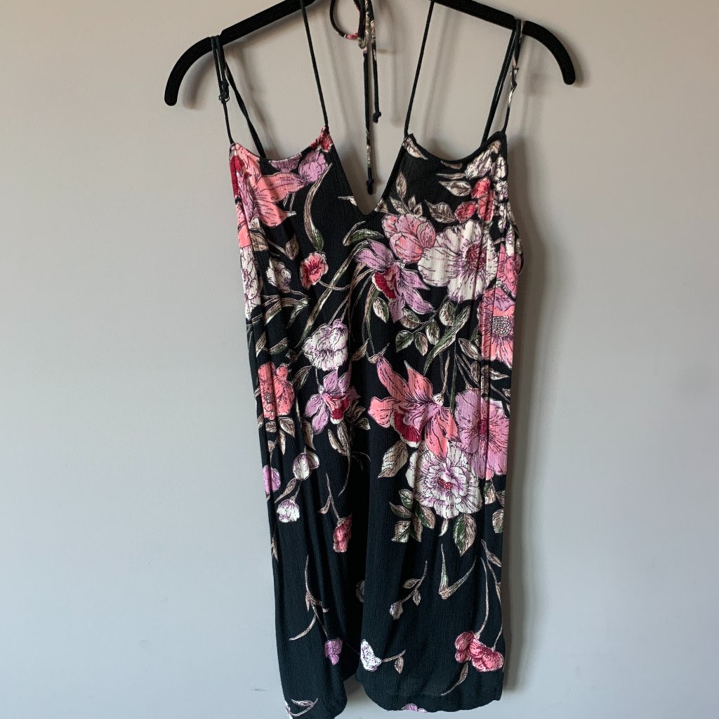 Billabong Tank Top / Summer Dress (Skinny Straps) - Black With Pink Floral